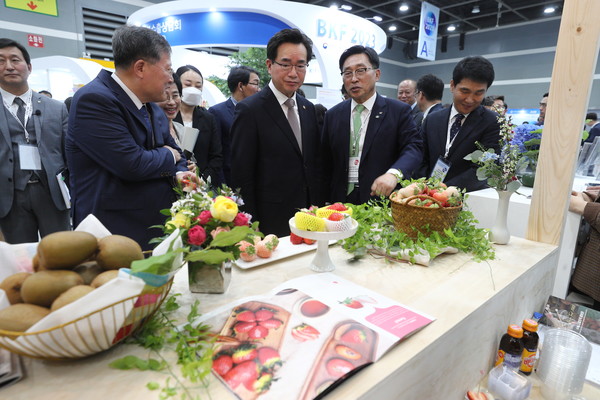 정황근 농림축산식품부 장관이 지난 19일 서울 양재 aT센터에서 개최된 케이푸드(K-FOOD)+ 해외바이어 초청 수출상담회에 참가한 케이베리(한국딸기수출통합조직)의 부스에서 설명을 듣고 있다.