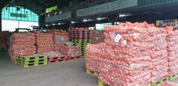가락동농수산물도매시장에 경매를 기다리는 양파들이 적재되어 있는 모습.