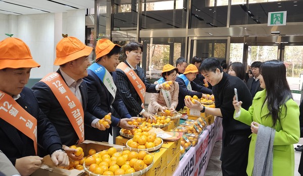 황준구 농협서울본부장(왼쪽에서 세 번째) 등이 서울농협 임직원들에게 감귤을 나눠주고 있다.