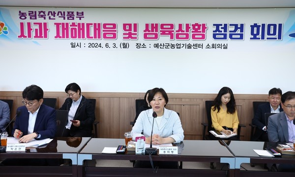 현장에서 열린 사과 재해대응 및 생육상황 점검 회의 모습.