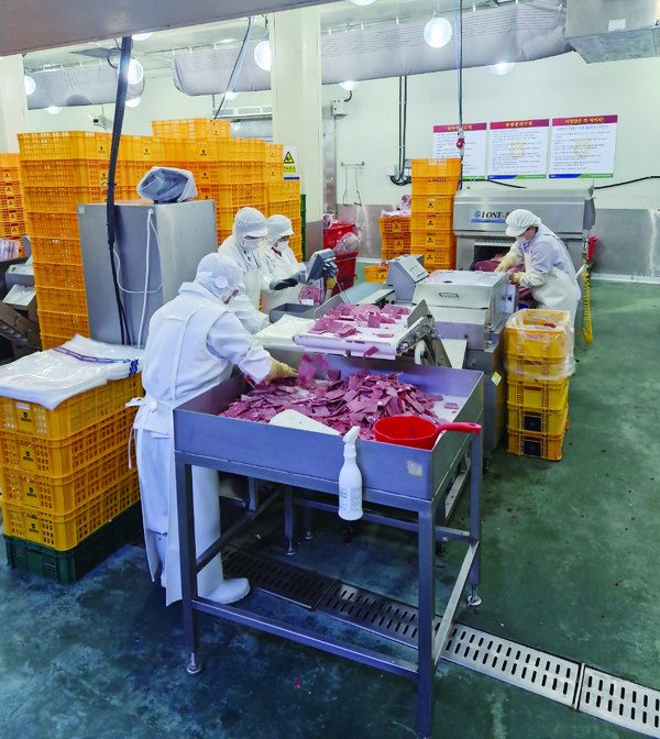 축산물가공사업소에서 소고기를 세절하고 있는 모습.