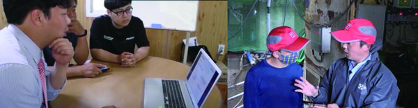 (오른쪽)피그프라이드 리포트 중심의 농가 수익성 분석 회의 장면. (왼쪽)현장 소통하는 모습.