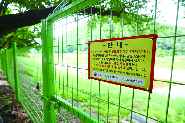 아프리카돼지열병 전파 차단을 위해 경북 상주시에 설치돼 있는 울타리 모습.