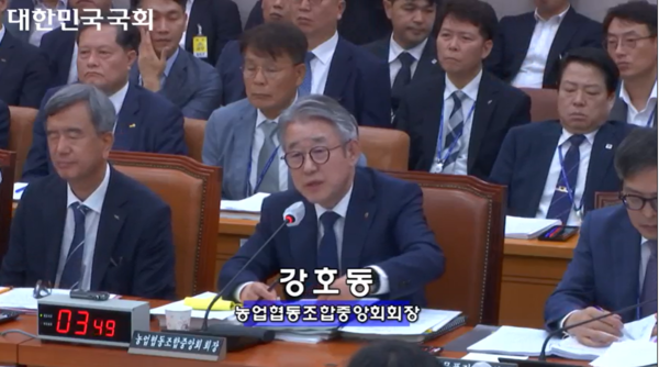 국회 농해수위 의원들의 질의에 답변하는 강호동 농협중앙회장. [사진=국회의사중계시스템 캡쳐]