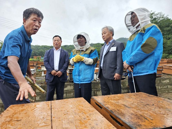 송미령 장관(사진 중앙)이 김용래 조합장(왼쪽에서 두번째), 박근호 한국양봉협회장(오른쪽에서 두번째)과 함께 양봉농가의 애로사항을 청취하고 있다.