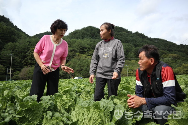 남희주 친환경대박 대표(사진 왼쪽)가 주동근·우정숙 부부에게 원적외선 비료의 효능에 대해 설명하고 있다.