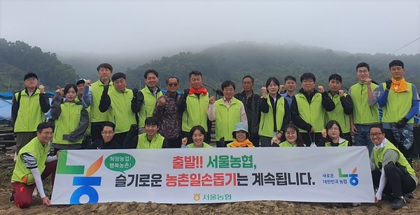 농협서울본부는 11일 인삼재배 농가를 찾아 일손돕기를 실시했다.(2열 7번째부터 김상수 농협서울본부장, 최종철 전곡농협 조합장)