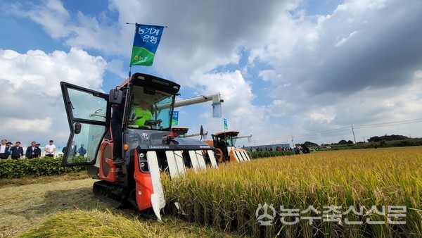어기구 국회 농림축산식품해양수산위원회 위원장이 직접 콤바인을 몰며 벼를 수확하고 있다.