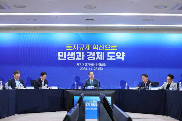 한덕수 국무총리(가운데)가 ‘제7차 규제혁신전략회의’를 주재하고 있다.