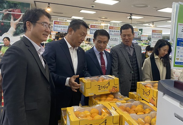 농협 관계자들이 공동판매 중인 제주감귤을 보며 우리 농산물 소비촉진 방안에 대해 논의하고 있다.