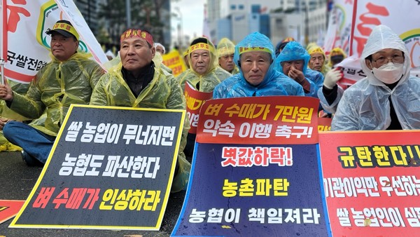 한국쌀전업농은 최근 벼 수매가 인상 등을 촉구하며 농협중앙회 앞에서 규탄대회를 개최했다. 궂은 날씨에 진행된 집회임에도 불구하고 참석자들의 표정은 비장하기만 하다.