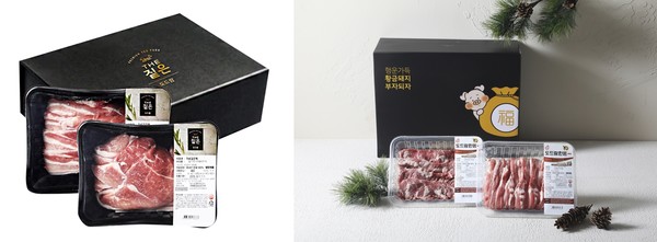 THE짙은 프리미엄 YBD 선물세트(왼쪽), 도드람한돈 황금돼지 선물세트(오른쪽).
