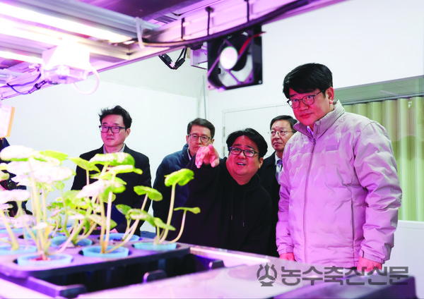권재한 농촌진흥청장이 지난 3일 강원 춘천시에 위치한 국내 모듈형 수직농장 개발보급 업체를 방문해 시설을 살펴보고 있다.