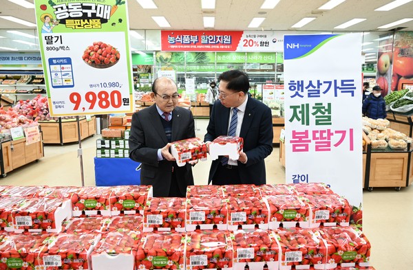 박준식 조합장(왼쪽)이 맹석인 농협서울본부장과 논산에서 공동구매한 설향 딸기를 살펴보고 있다.