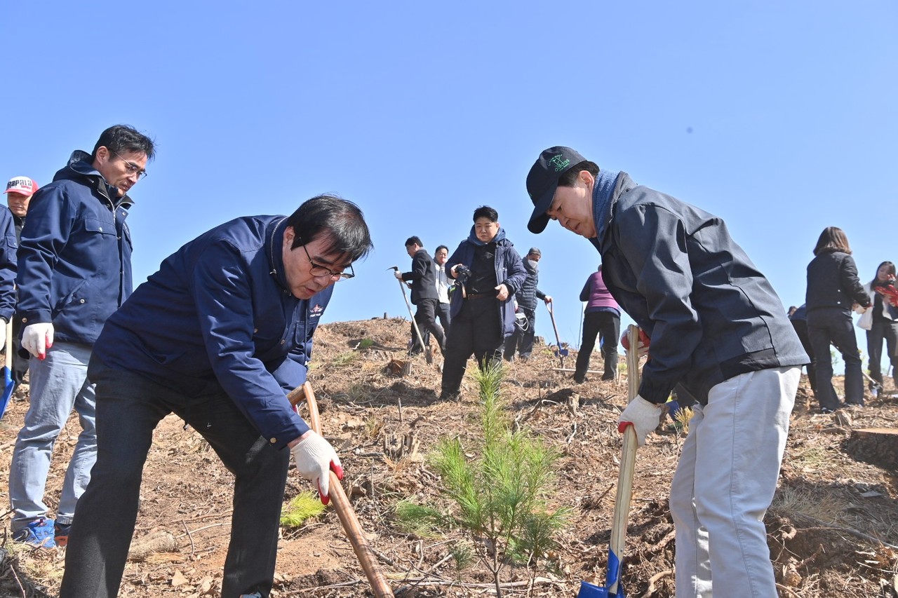 스트로브잣나무를 식재하고 있는 김태흠 충남도지사(오른쪽)