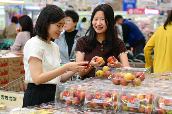 지난 15일 농협하나로마트 양재점에서 천도복숭아를 살피는 고객들