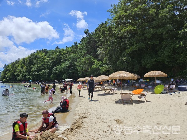 옥계마을은 젊은 이장과 사무국장의 적극적인 노력을 바탕으로 국민들뿐만 아니라 외국인들도 많이 찾는 어촌마을이 됐다. 사진은 옥계마을의 해변가를 찾은 관광객들의 모습.