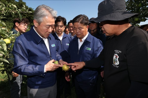 강호동 농협중앙회장이 경북 문경시 산북면 사과 농가를 찾아 폭염으로 인한 피해 상황을 점검하고 대응 방안을 논의하고 있다.