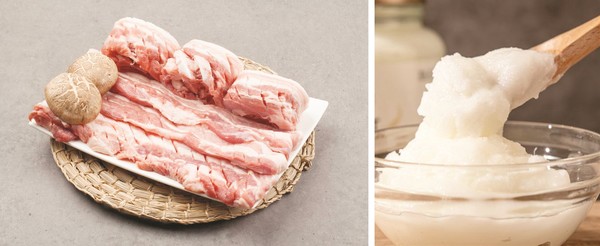 최근 소비자들이 건강한 식습관, 운동 등에 관심을 가지면서 국산 돼지고기인 ‘한돈’이 ‘착한 단백질’, ‘착한 기름’으로 주목받고 있다. 사진은 한돈 삼겹살(왼쪽)과 돼지기름(오른쪽).