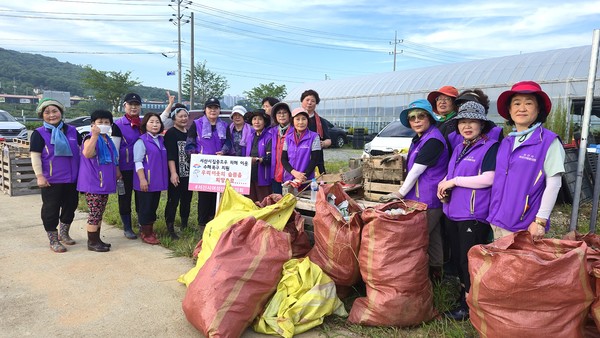 지난달 26일 서산시여성단체협의회 회원들이 인지면 수해 피해 현장에서 환경 정화 활동을 하는 모습.