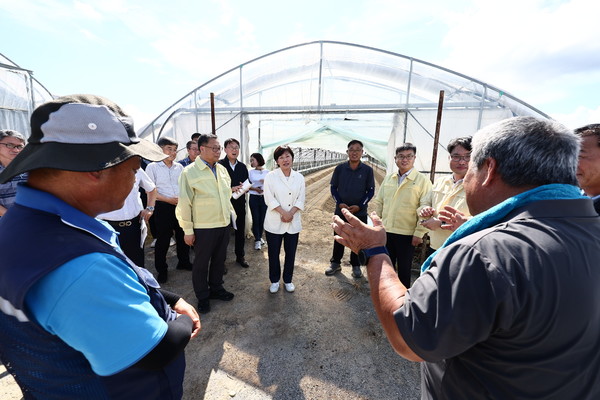 송미령 농식품부 장관(가운데)이 부여군 규암면 집중호우 피해 농가들과  영농 재개 상황에 대한 의견을 청취하고 있다.