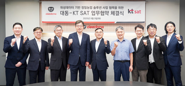 대동(대표이사 김준식, 원유현)과 위성사업자 1위 KT SAT이 정밀농업 솔루션을 위해 손을 잡았다. 양사는 위성을 기반으로 한 정밀농업 솔루션을 개발하고, 국내외 사업화를 위해 다양한 협력을 추진키로 했다. 지난 9일 서울 서초구 대동 서울 사무소에서 열린 업무협약 체결식에는 (왼쪽부터)KT SAT 김현준 과장, 정상규 스피드데이터팀장, 박현배 사업총괄전무, 서영수 대표, 대동 권기재 그룹경영실장, 이광욱 국내사업부문장, 최준기 대동에이아이랩 대표, 김민성 정밀농업사업팀장, 임종민 과장이 참석했다.