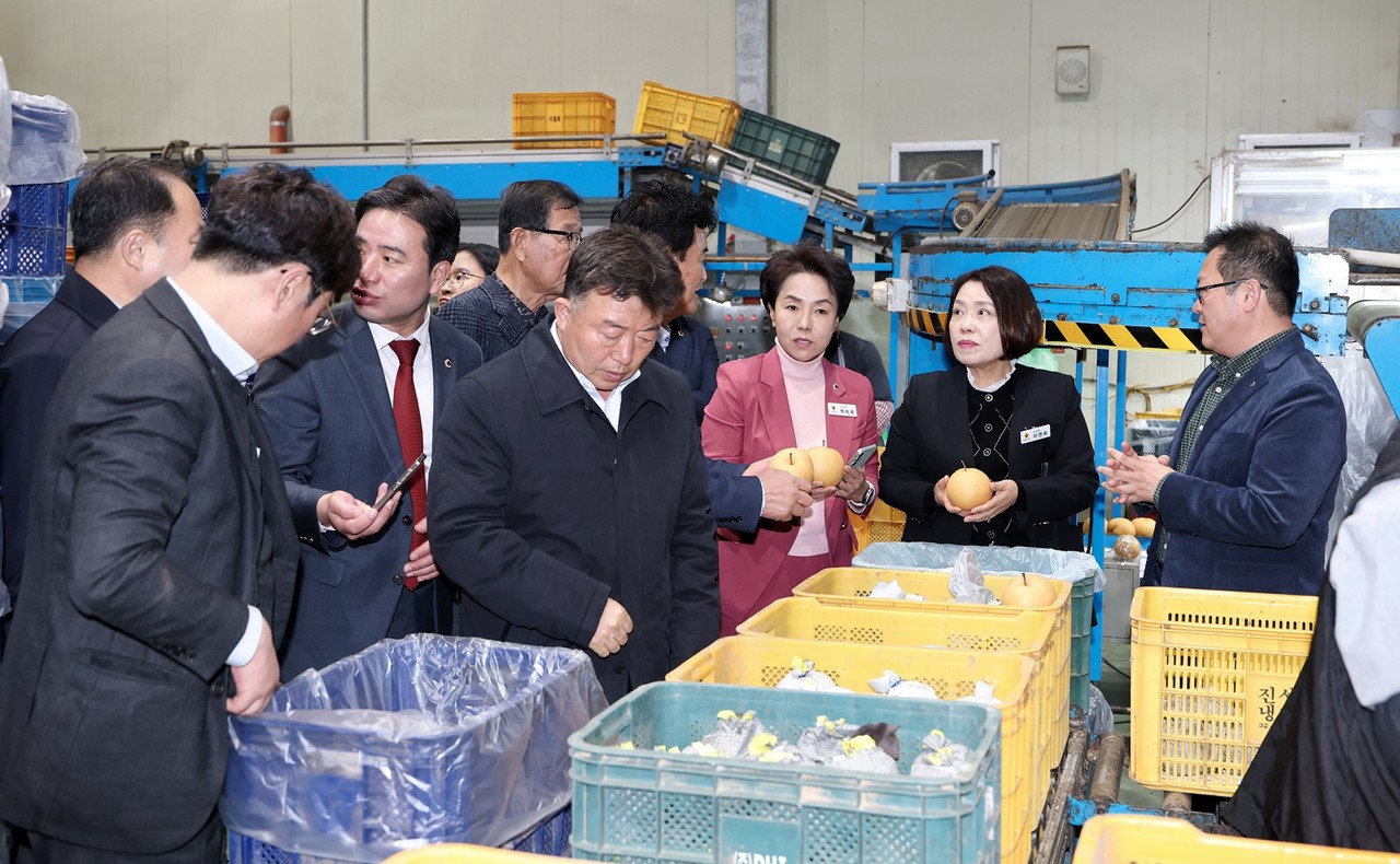 농수해위 위원들이 아산원예농협 거점산지유통센터에서 과일 출하 포장 상태를 점검하고 있다.