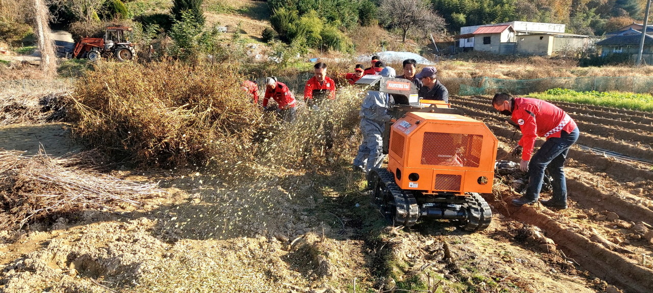 작업자들이 농경지에서 수거한 부산물을 파쇄기에 투입해 잘게 분쇄하는 모습