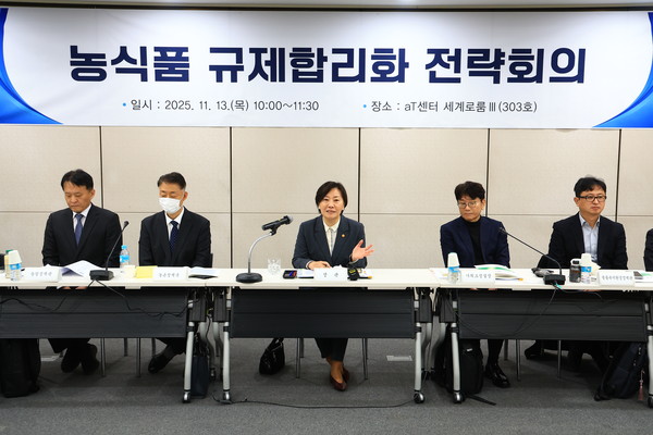 송미령 농식품부 장관(가운데)이 농식품 규제합리화 전략회의를 주재하고 있다.