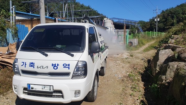 경기 포천에서 가축 방역차량이 소독을 하는 모습. [농협경제지주 축산경제 제공]