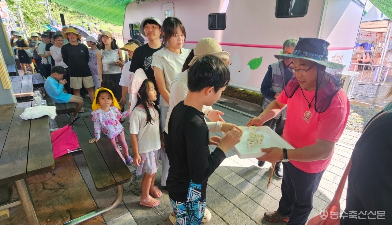 이규인 세종시 청정축산팀장이 조치원복숭아축제장을 찾은 시민들에게 '세종한우대왕' 시식용 한우를 직접 나눠주고 있다.