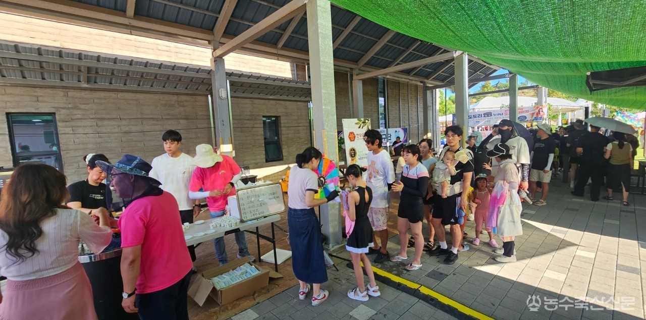 세종 조치원복숭아축제장을 찾은 시민들이 '세종한우대왕' 무료 시식행사에 참여하기 위해 길게 줄을 서고 있다.
