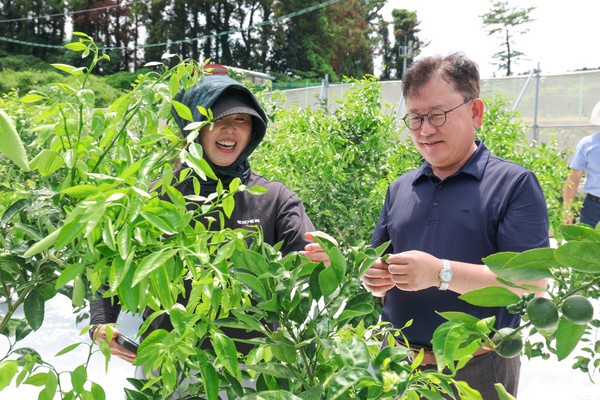 이승돈 농진청장(오른쪽)이 신품종을 처음 심는 농가가 겪는 재배 과정의 어려움에 대해 논의하고 있다.